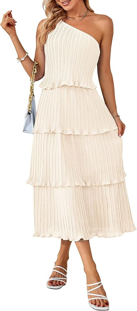 MEROKEETY Women's Summer One Shoulder Sleeveless Pleated Ruffle Tiered Layered Chiffon Party Dres... | Amazon (US)