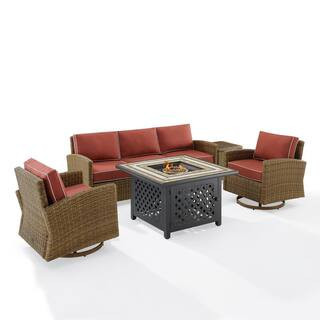 Bradenton Weathered Brown 5-Piece Wicker Patio Fire Pit Set with Sangria Cushions | The Home Depot