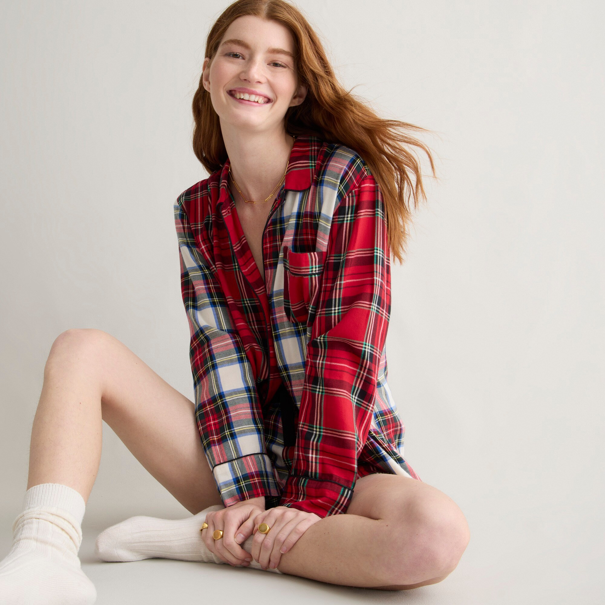 Long-sleeve flannel pajama short set in cocktail plaid | J. Crew US