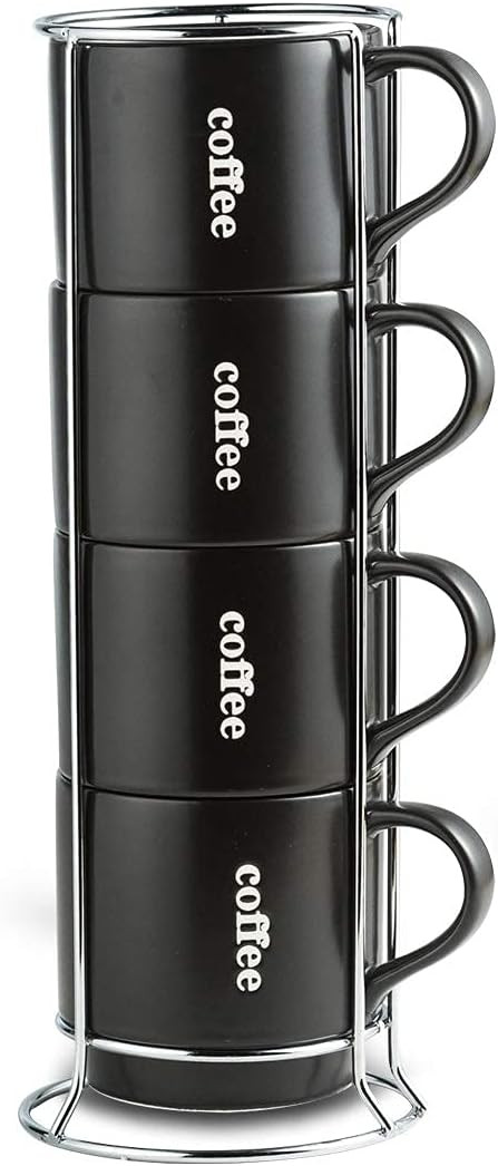 LAUCHUH Stackable Coffee Mug Set with Rack - 15 Ounce for Coffee, Tea, Cocoa, Milk, Set of 4 Blac... | Amazon (US)