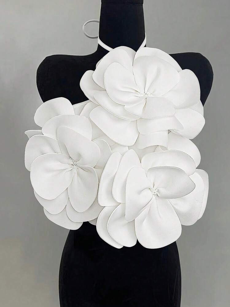 Chiquease Standard Sized Women's Elegant Valentine's Day Criss-Cross Halter Solid White Floral Detail Ribbed Bodycon Sleeveless Top | SHEIN