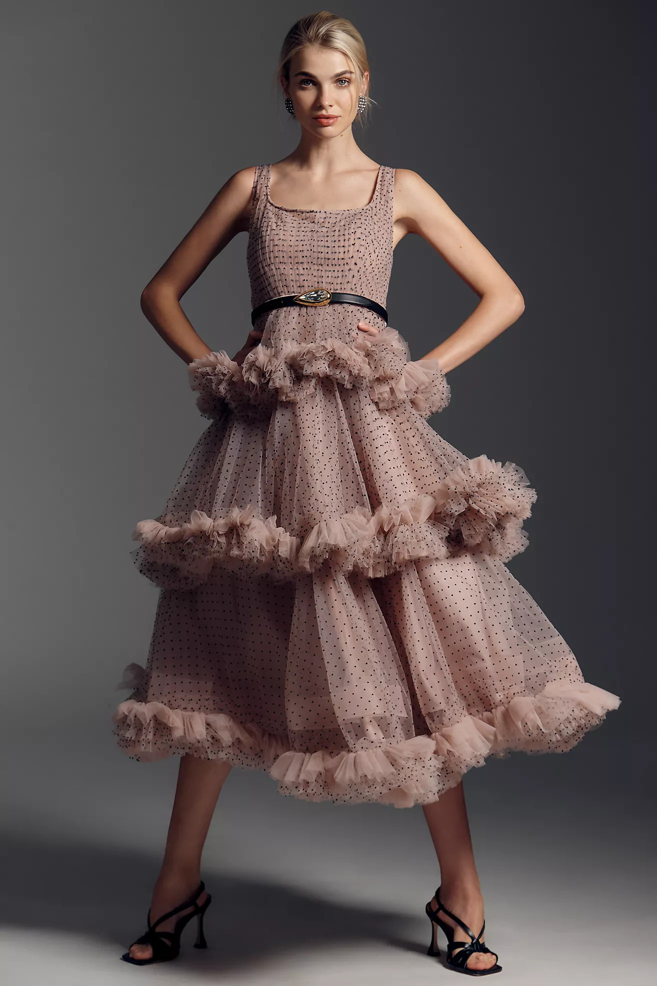 Mac Duggal Square-Neck Dotted Tulle Tiered Midi Dress | Anthropologie (US)