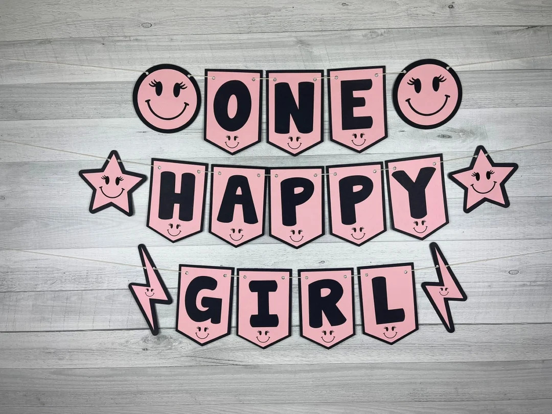 Smiley Face Girl Birthday Banner One Happy Girl Banner Happy Chick Party Happy One Two Happy Cust... | Etsy (US)