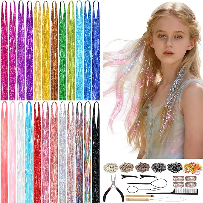 8400 STRANDS Hair Tinsel Kit for Girls, 24 Colors Fairy Hair Tinsel Kit Heat Resistance Colorful ... | Amazon (US)