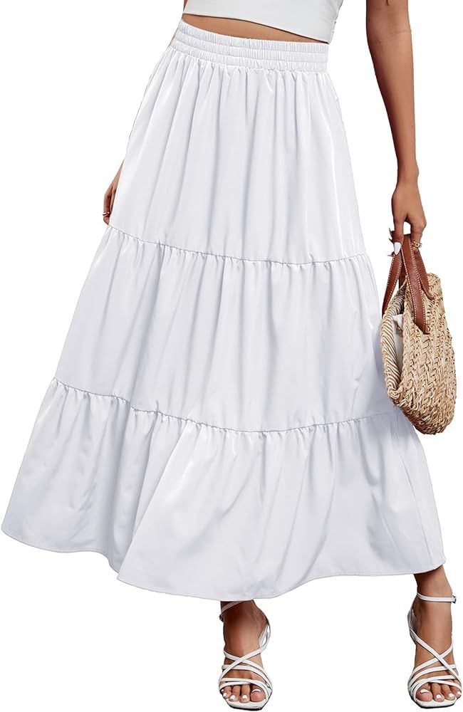 Arolina Maxi Skirt for Women Summer Boho Elastic High Waist Pleated A-Line Flowy Ruffle Swing Tie... | Amazon (US)