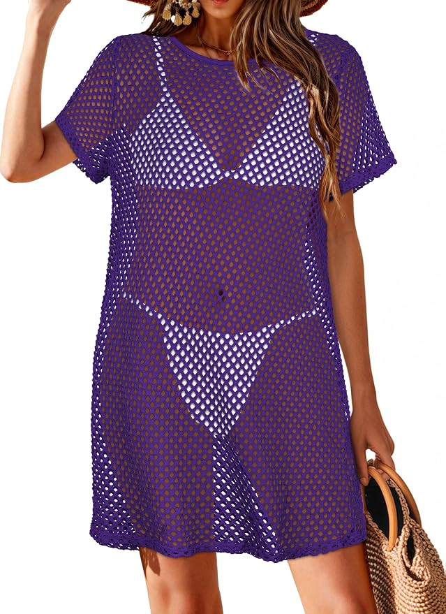 Womens Bathing Cover Ups Knit Short Sleeve Swimsuit Coverup Bikini Swimwear | CHICGAL crochet swi... | Amazon (US)