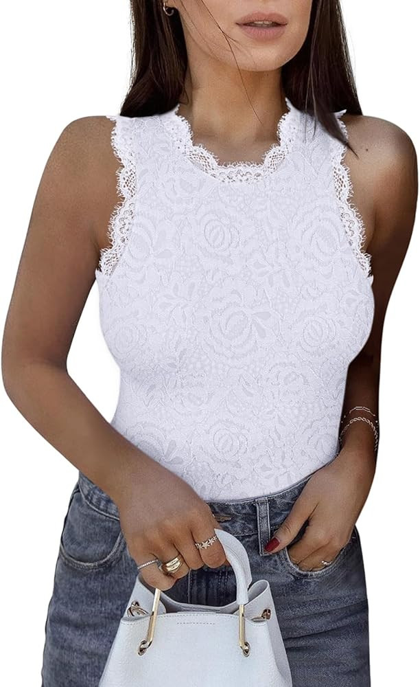 REORIA Women's Sexy Sleeveless Racer Back Halter Neck Lace Bodysuit Tank Tops | Amazon (US)