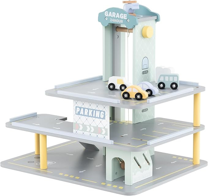 Costzon Toy Car Garage, Multi-Level Wooden Toy Garage with 4 Cars, Helicopter, Gas & Charging Sta... | Amazon (US)