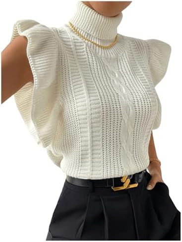 Floerns Women's Ruffle Trim Cable Knit Sweater Vest Turtleneck Sleeveless Tank Tops | Amazon (US)