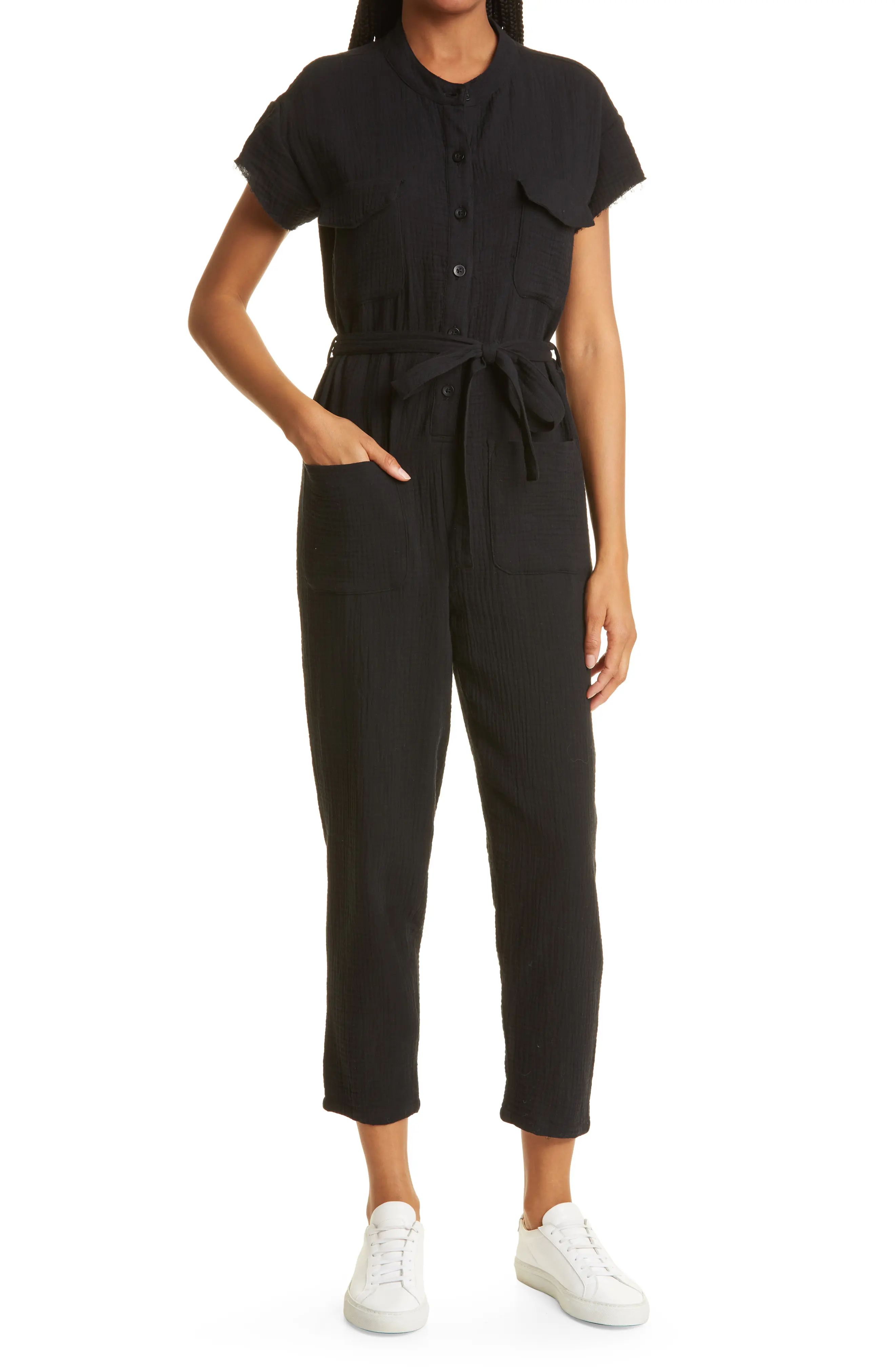 Monrow Relaxed Cotton Gauze Jumpsuit in Black at Nordstrom, Size Large | Nordstrom