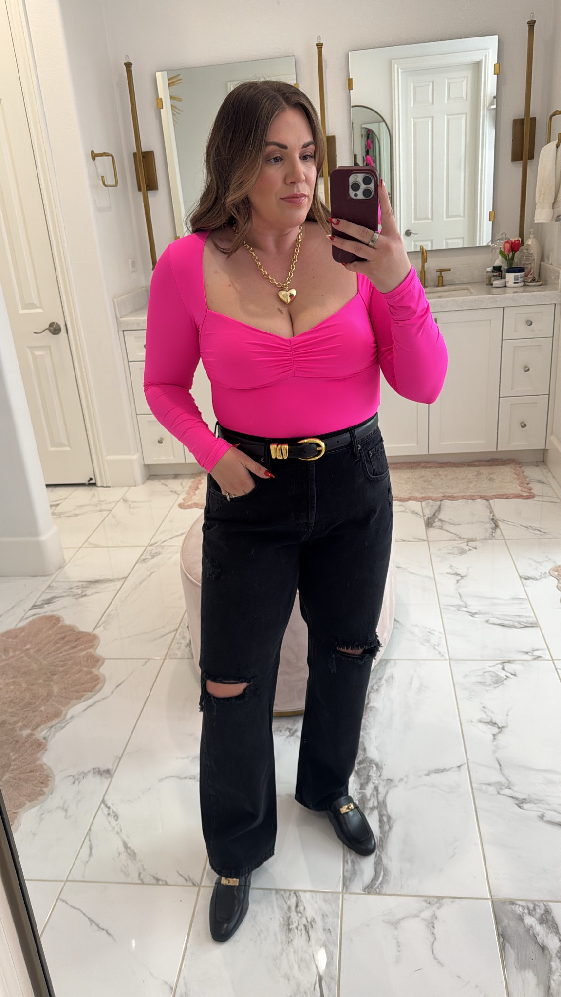 curvy midsize casual Valentines outfit! wearing size xl in hot pink bodysuit and size 31 curve in black denim 

#LTKFindsUnder50 #LTKMidsize #LTKSeasonal