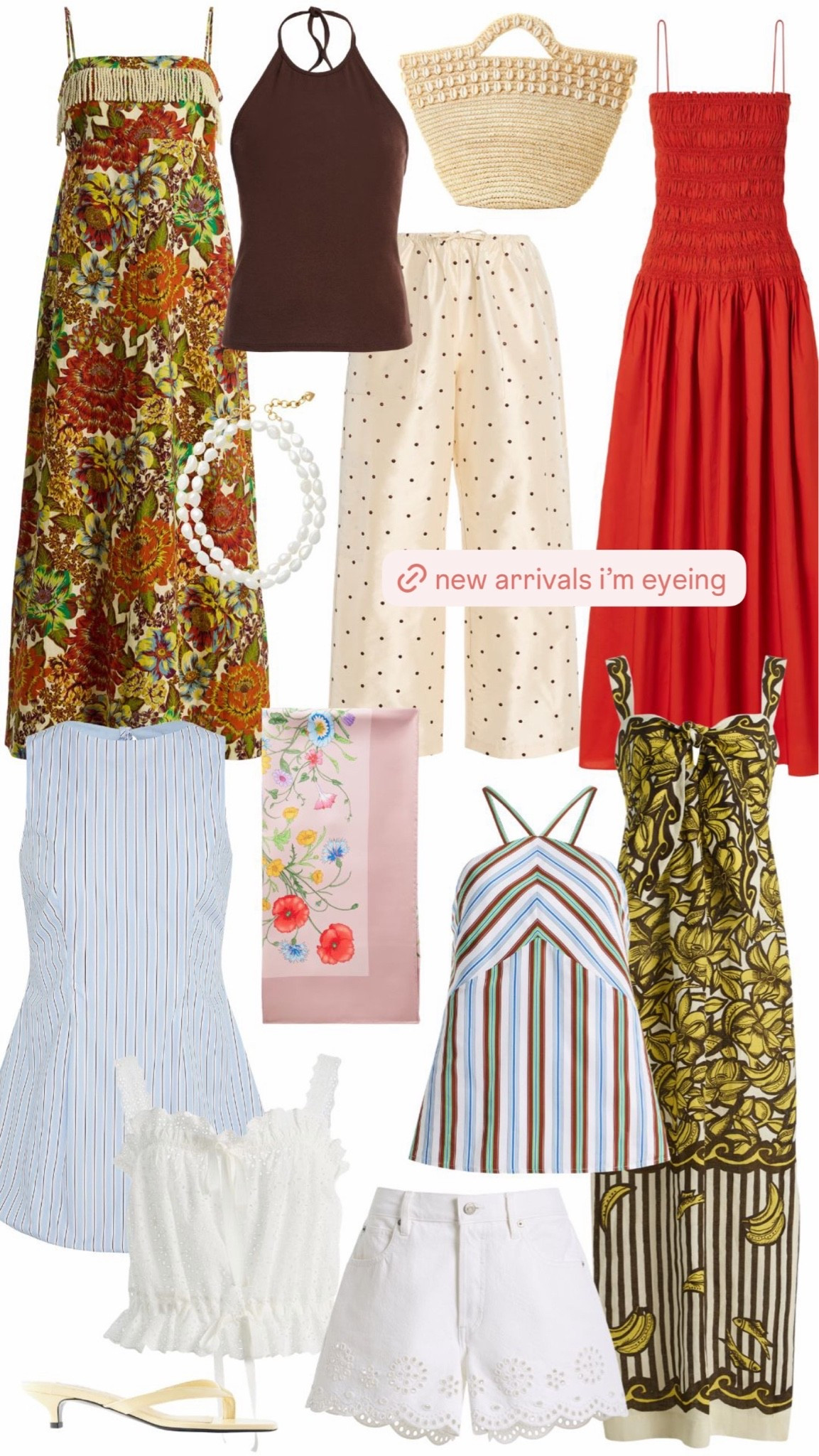 new arrivals currently catching my eye lately! i’m clearly leaning into fun prints, breezy dresses, and pieces that feel very “wear this somewhere warm with a spritz in hand.”

that floral fringe dress is unbelievable and would be so fun for vacation dinners or a summer party, and i love the chocolate brown halter paired with the polka dot pants for an easy elevated daytime look. also can’t stop thinking about that red smocked dress — it feels like the kind of piece you throw on with gold jewelry and simple sandals and instantly feel put together.

the striped mini dress are also so good for summer weekends, and those white eyelet shorts would go with literally everything. basically building my dream warm weather wardrobe one collage at a time over here. 

 #LTKSeasonal