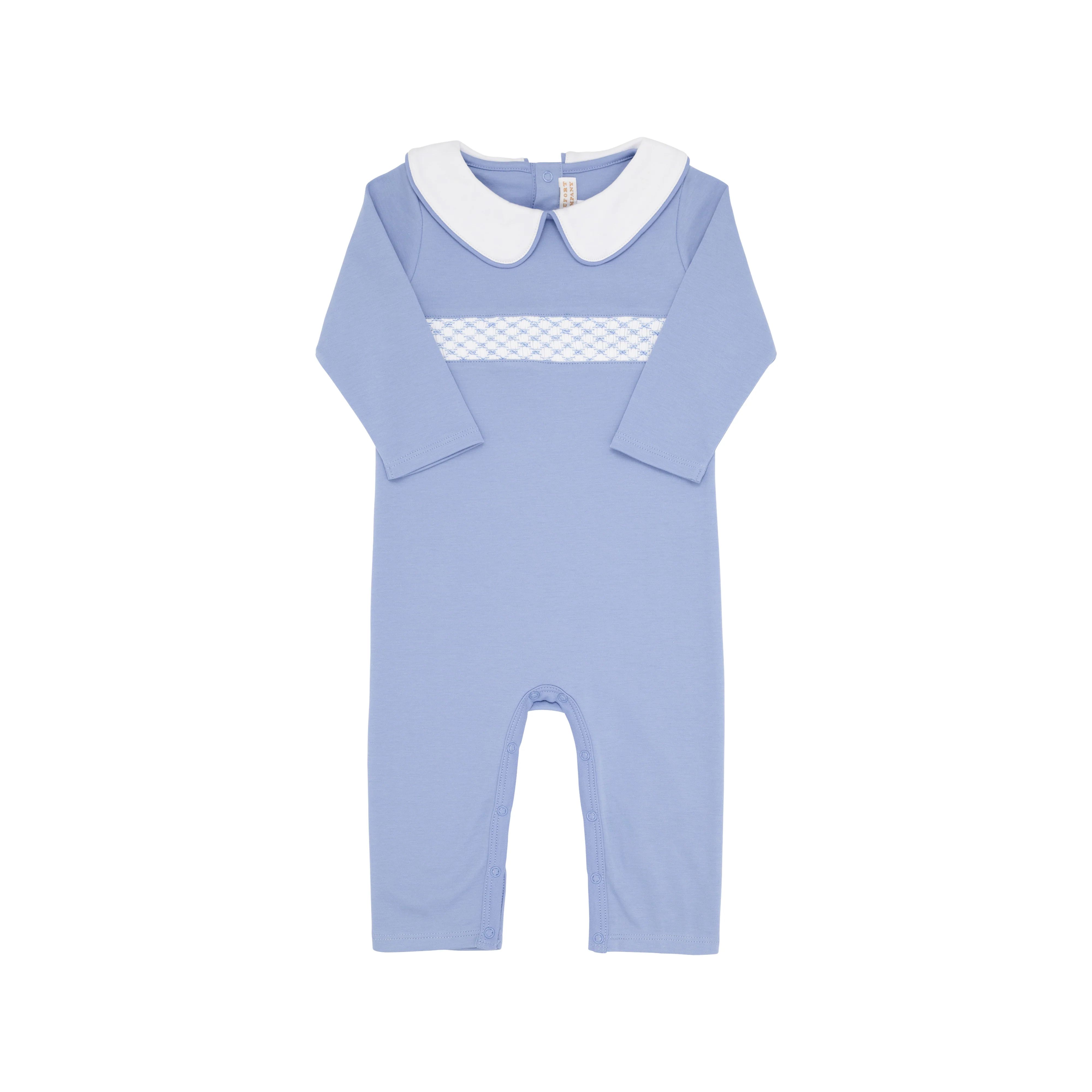 Samuel Smocked Romper - Park City Periwinkle with Worth Avenue White Collar | The Beaufort Bonnet Company