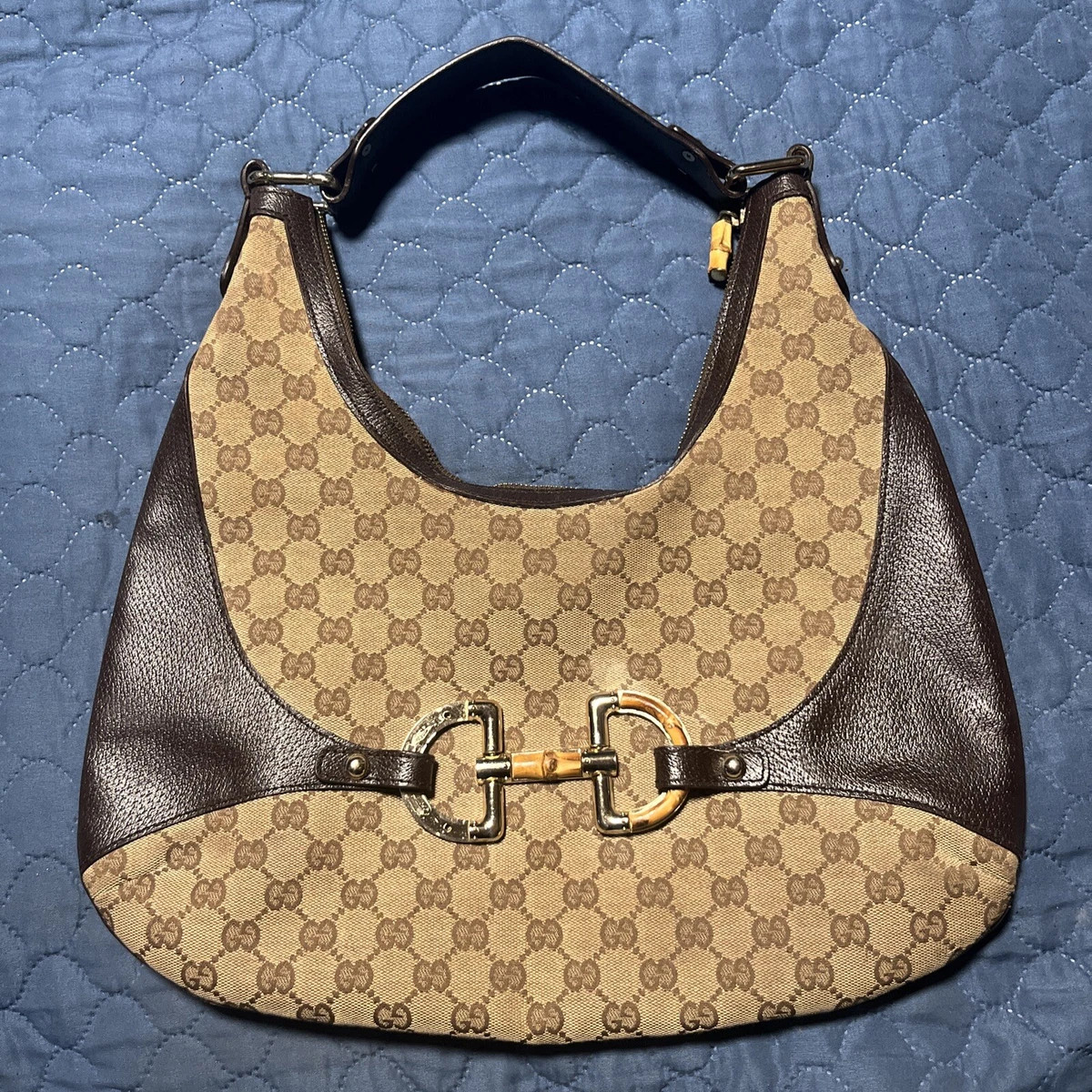 AUTH Gucci Beige brown CANVAS &amp; leather HORSEBIT logo BAMBOO AMALFI HOBO Italy   | eBay | eBay US