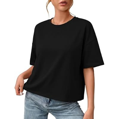 Quenteen Cotton Boxy T-Shirts for Women Open Back Casual Workout Crop Top | Drop Shoul… | Amazon (US)