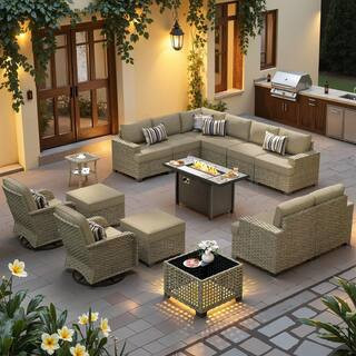 Sentinel 15-Pieces Wicker Outdoor Patio 42 in. Rectangular Fire Pit Set and Swivel Rocking Chairs w/ Dark Gray Cushions | The Home Depot