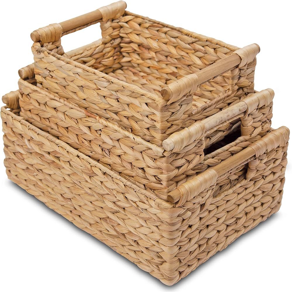 VATIMA Hyacinth Wicker Basket Set 3 size - Rectangular, Wooden Handles, Shelf Organizer, Natural ... | Amazon (US)