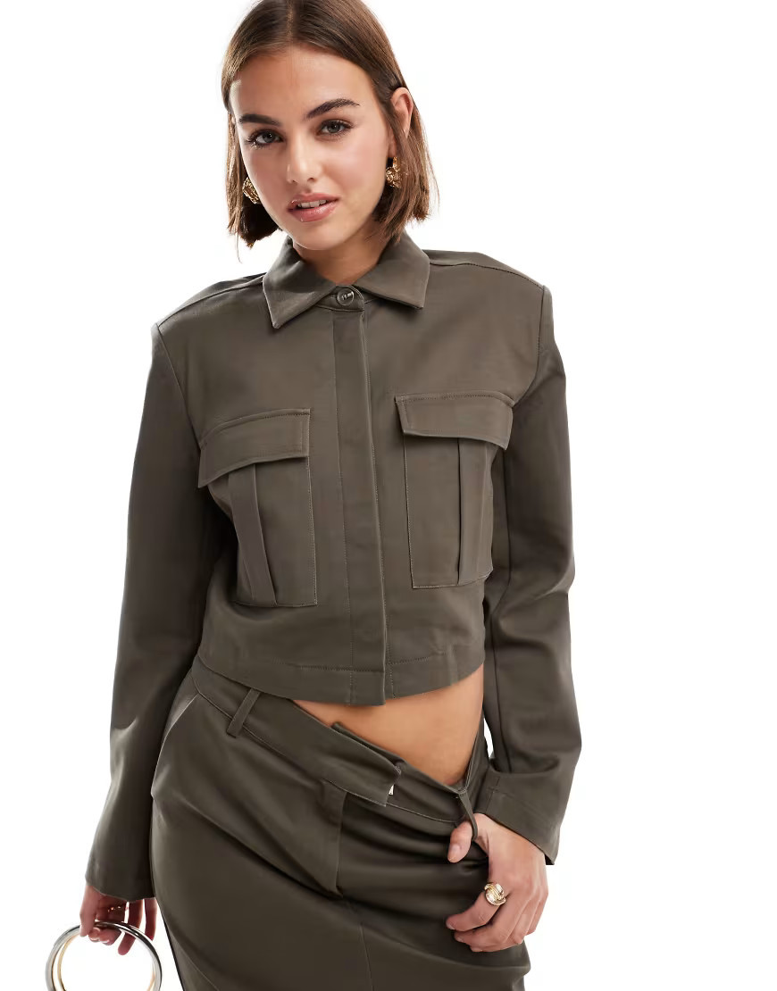 Pretty Lavish boxy utility shirt co-ord in bark-Neutral | ASOS (Global)