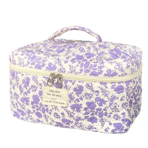 WYJ Purple Large Quilted Floral Makeup Bag Cute Soft Coquette Aesthetic Cosmetic Bag Cotton Travel Toiletry Bag for Women | Amazon (US)