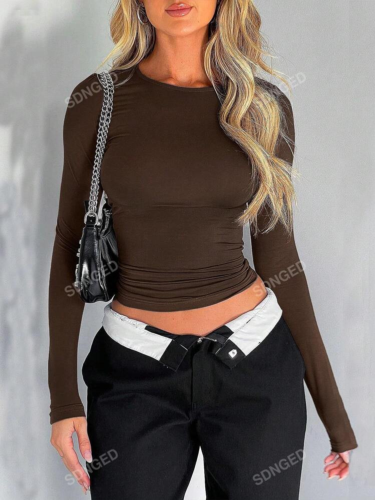 Elegant & Versatile Women Plain Crew Neck Long Sleeve Ruched Fitted Slim Fit T-Shirt,Suitable For... | SHEIN