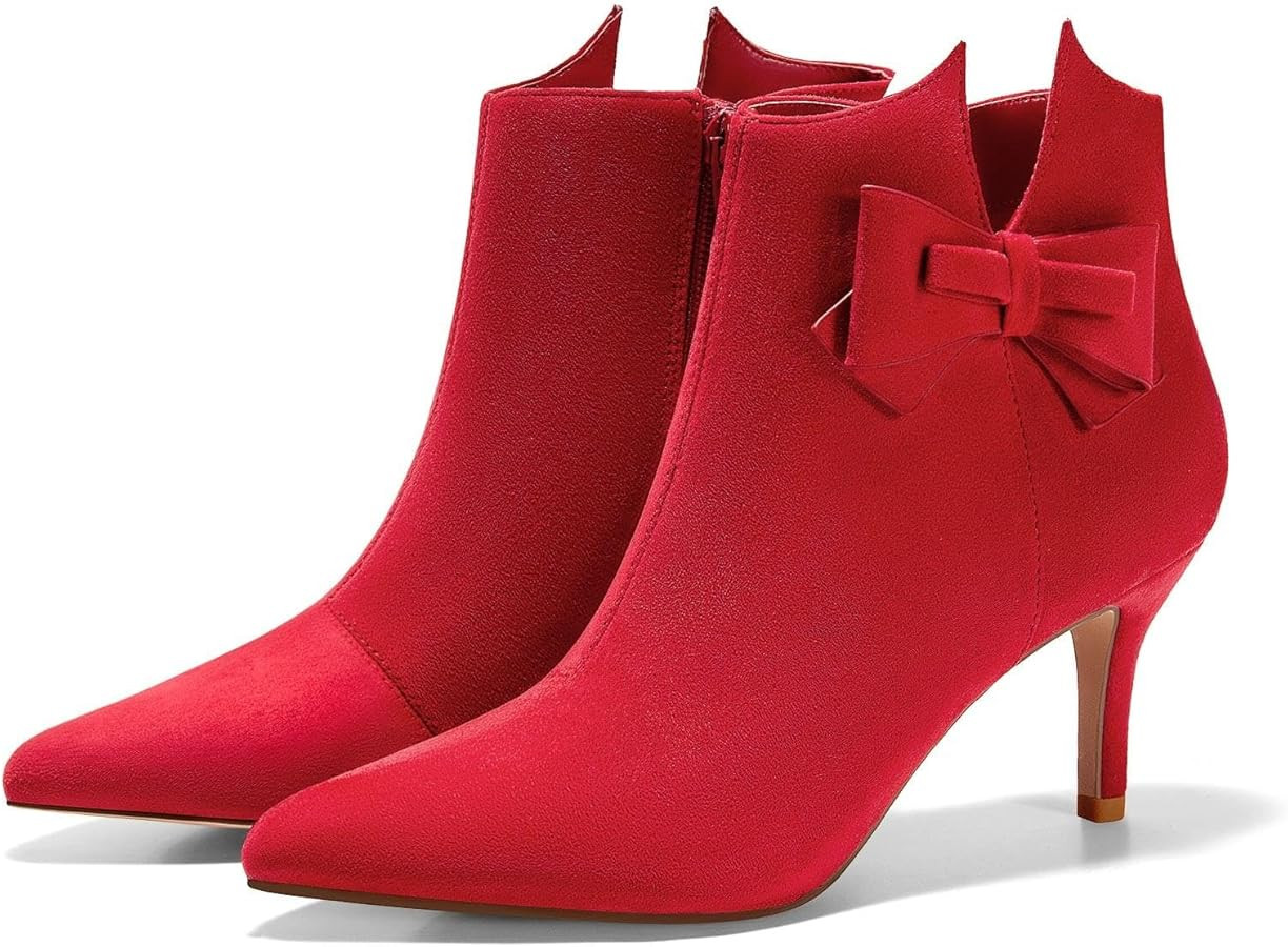 Ermonn Womens Pointed Toe Ankle Boots Stiletto Heels Side Zipper Bow Faux Suede Booties Wedding D... | Amazon (US)