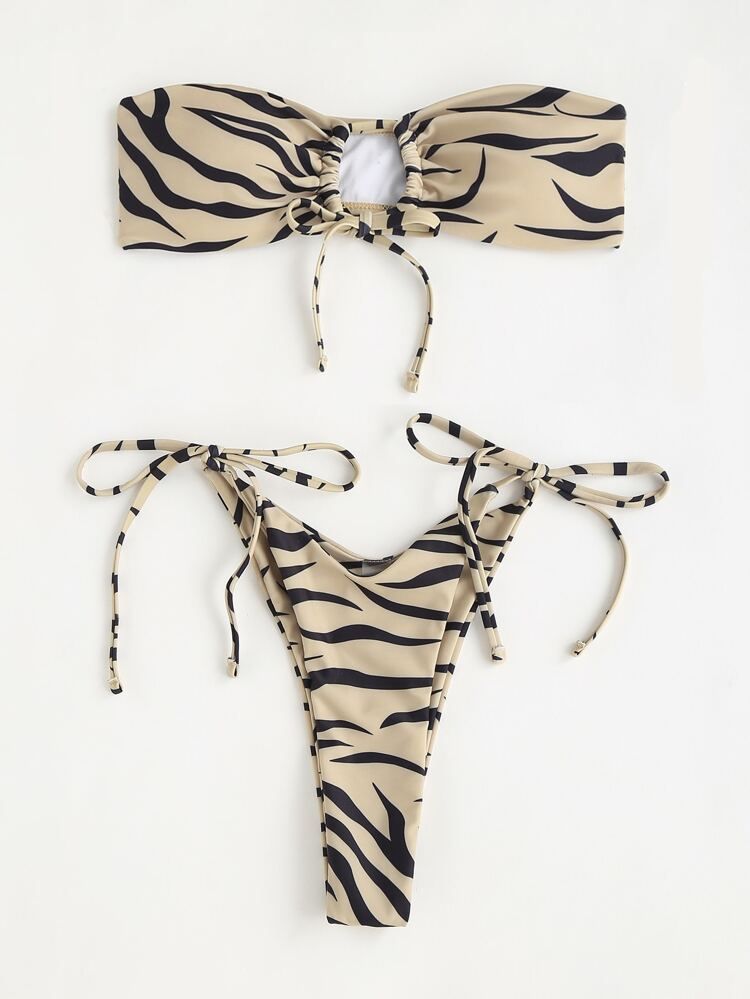 Zebra Stripe Tie Front Bandeau Bikini Swimsuit | SHEIN