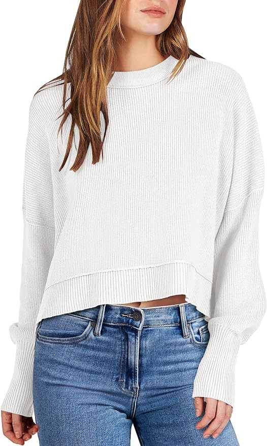 ANRABESS Women Crewneck Cropped Sweater Batwing Sleeve 2023 Fall Oversized Side Slit Ribbed Knit ... | Amazon (US)