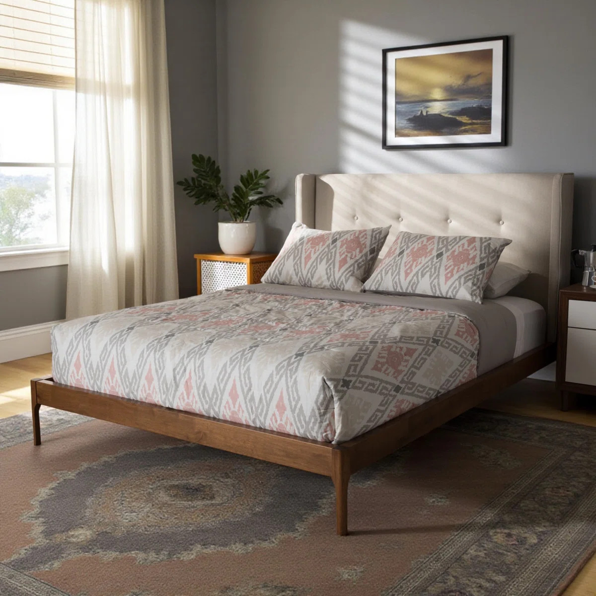 Ellerman Wingback mid-century look, King Bed, Light Beige 81.77'' W X 86.47'' L X 46.04" H | Wayfair North America