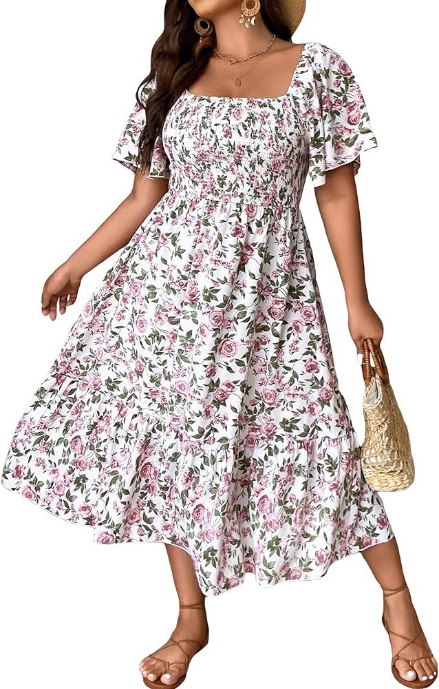 Floerns Women's Plus Size Floral Print Tie Front Square Neck Slit Hem Midi Dress | Amazon (US)