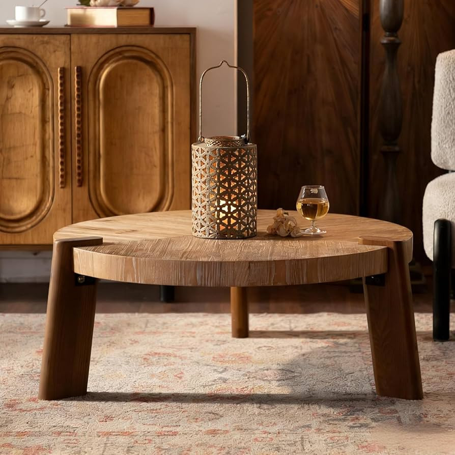 36.61" Round Wood Coffee Table,Modern Farmhouse Circle Coffee Table, Vintage Rustic Wood Round Co... | Amazon (US)