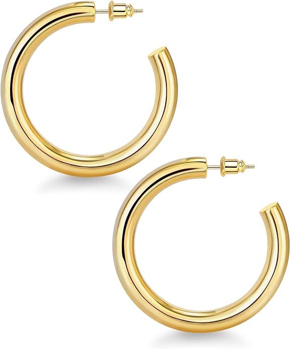 wowshow Chunky Gold Hoop Earrings, Small Gold Hoop Earrings for Women 14K Real Gold Plated Thick ... | Amazon (US)