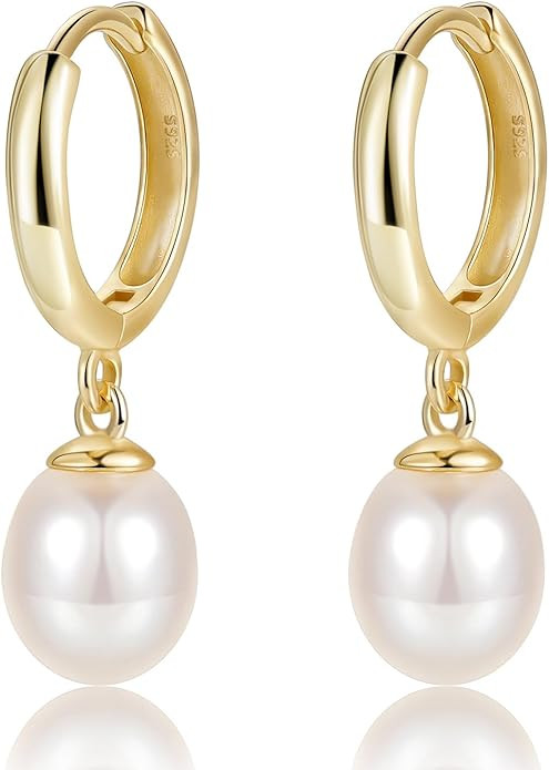 EAMTI Pearl Earrings for Women Trendy 925 Sterling Silver Freshwater Cultured Pearl Huggie Hoop D... | Amazon (US)