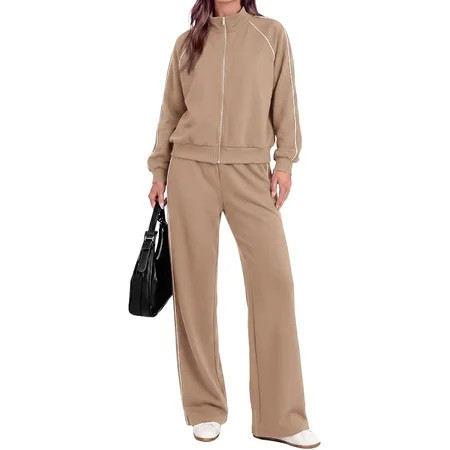 PRETTYGARDEN Women's 2 Piece Sweat Set Casual Fall Outfits | Zip Up Sweatshirt,Wide Leg Pants Sweatsuits,Side Stripes,Matching Lounge Sets,Athletic Wear for Airport,Jogging,Travel,Daily | Walmart (US)