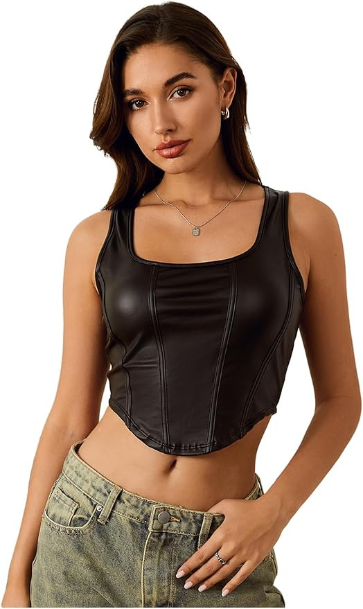 Floerns Women's Square Neck Asymmetrical Hem Sleeveless Shirts PU Leather Club Tank Top | Amazon (US)