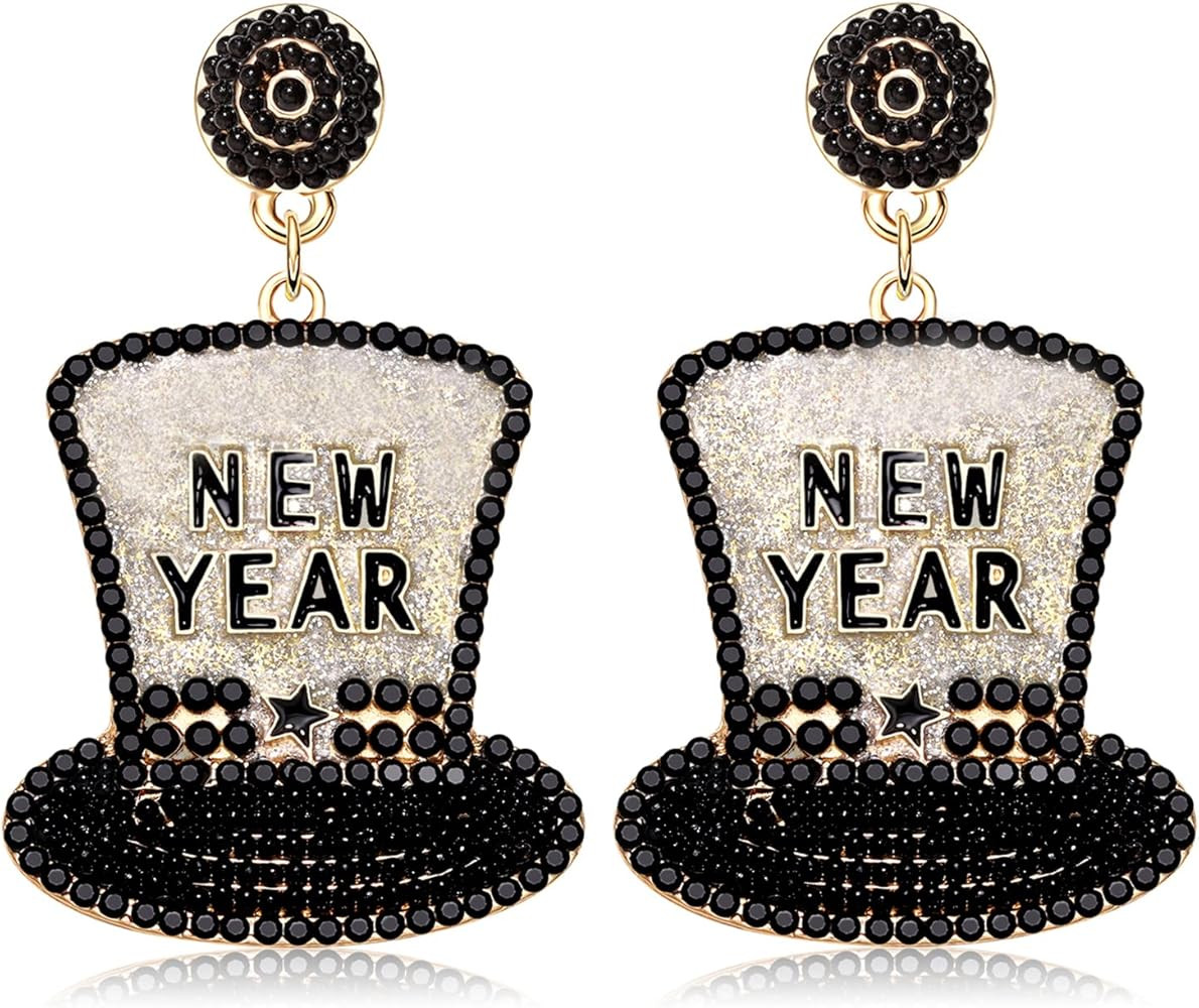 Beaded Happy New Year Earrings Beaded New Year Hat Drop Earrings for Women Girls Enamel New Year'... | Amazon (US)