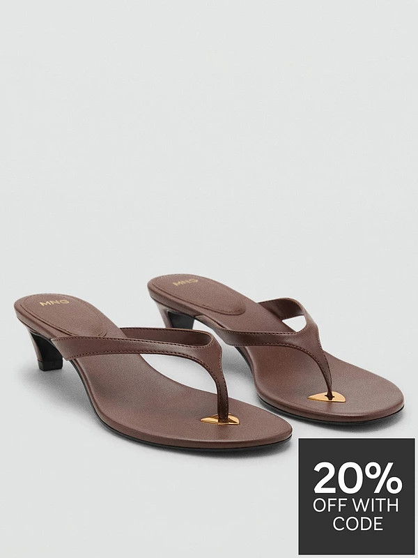 Mango Thong Toe Kitten Heel Sandals - Dark Brown | Very (UK)
