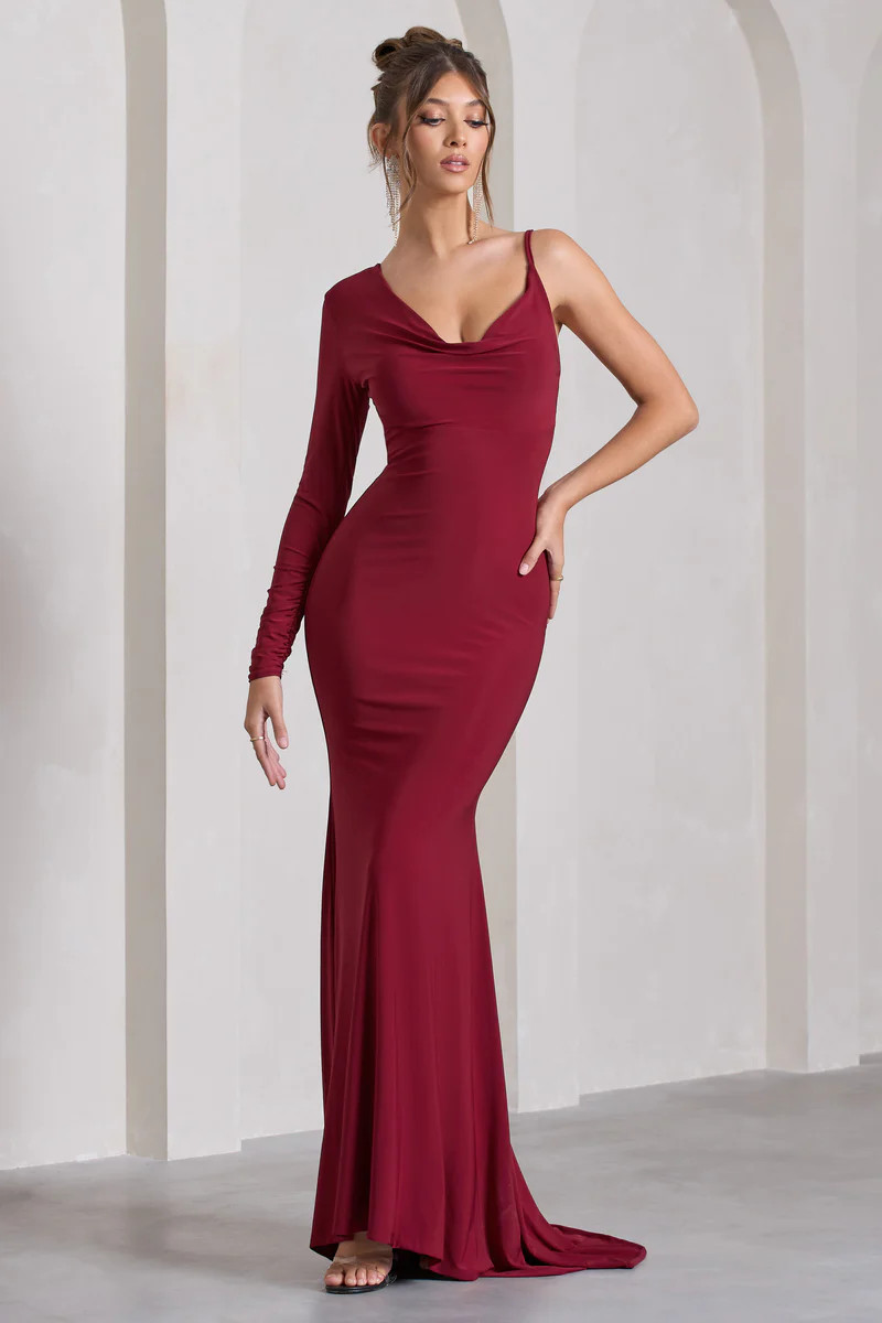 At Dusk | Berry Red One-Sleeved Cowl-Neck Fishtail Maxi Dress | Club L London
