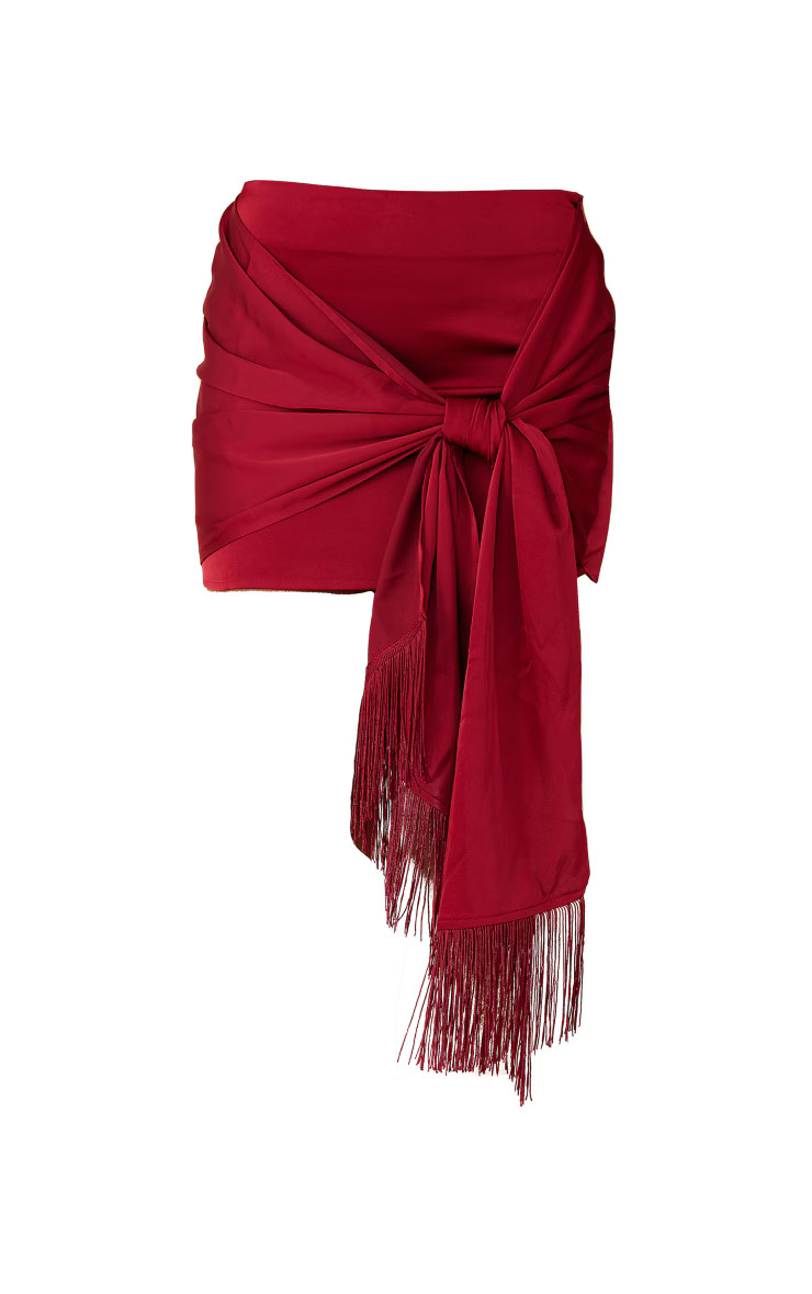 Dark Red Satin Tassel Front Mini Skirt | PrettyLittleThing US