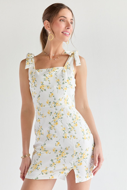 Nichole Yellow Floral Print Waist Dress | Francesca's