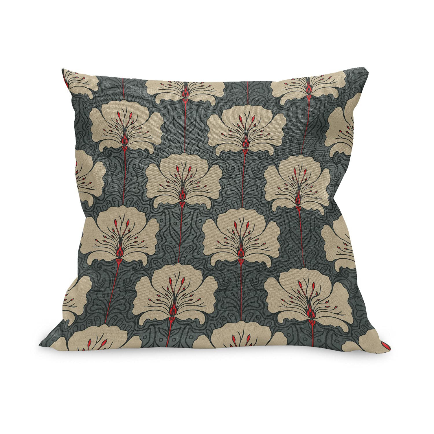 Ambesonne Floral Throw Pillow Cushion Case, Art Nouveau Style Romantic Poppy Flowers and Ornate Nature Design, Decorative Square Accent Pillow Cover, 16" X 16", Grey Vermilion | Amazon (US)