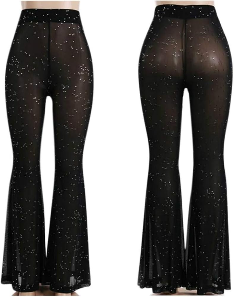 Women Rave Mesh Sheer Pants Flared Bell Bottom Pants for Dance Festival Clubwear | Amazon (US)