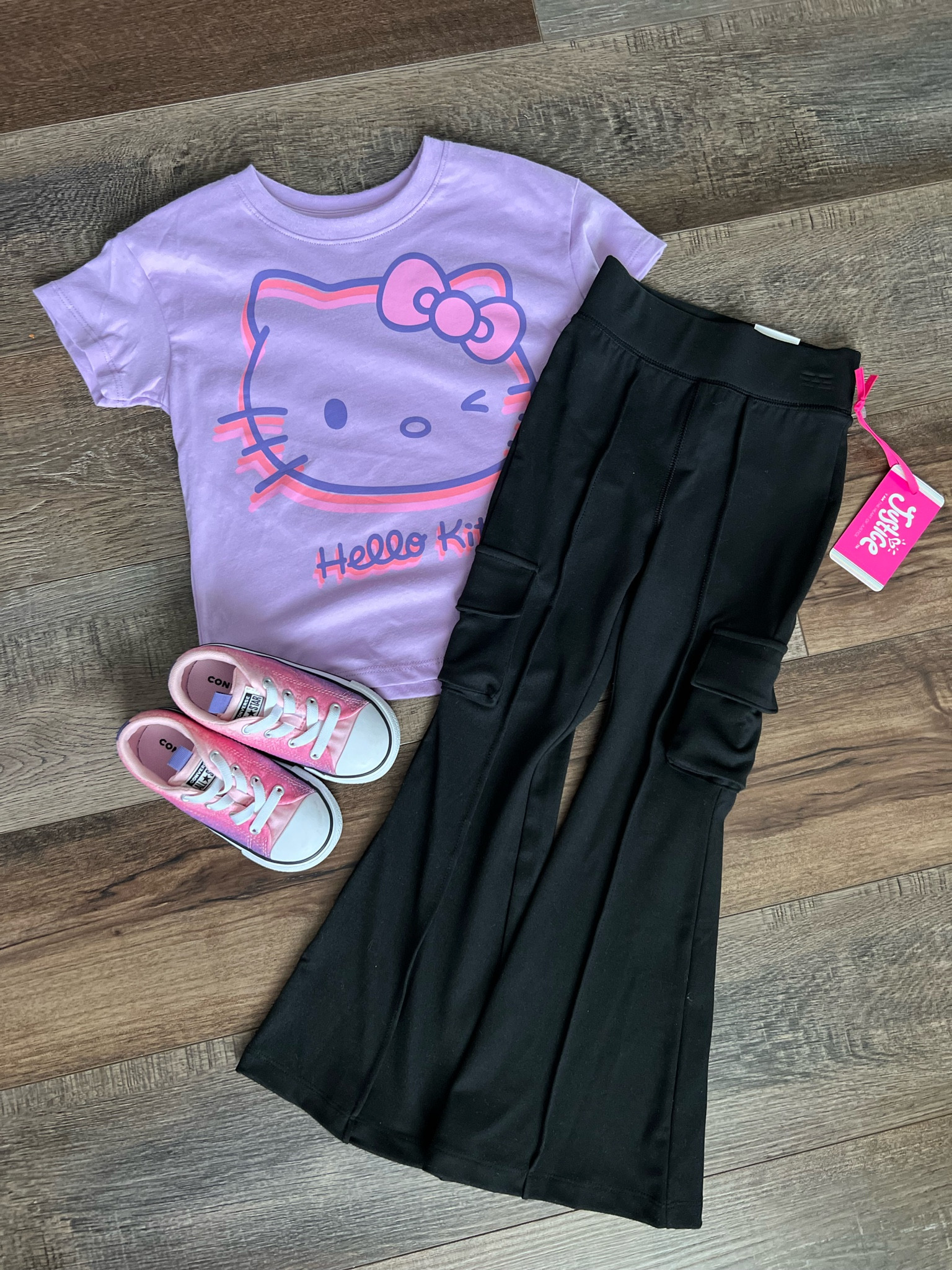 Little girls back to school outfit 🥰 the hello kitty tee is oos online, but there’s a bunch of cute options under that link! Exact converse also not online, sorry!! Flare cargo’s tts 

#LTKKids #LTKStyleTip #LTKBacktoSchool