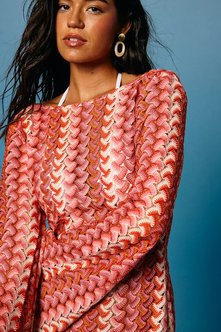 Valestra Pink Striped Crochet Long Sleeve Swim Cover-Up Dress | Lulus