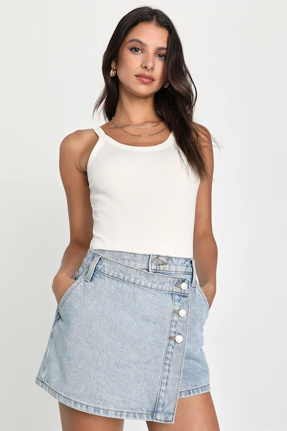 Straight Up Stunner Light Wash Denim Wrap Skort | Lulus (US)