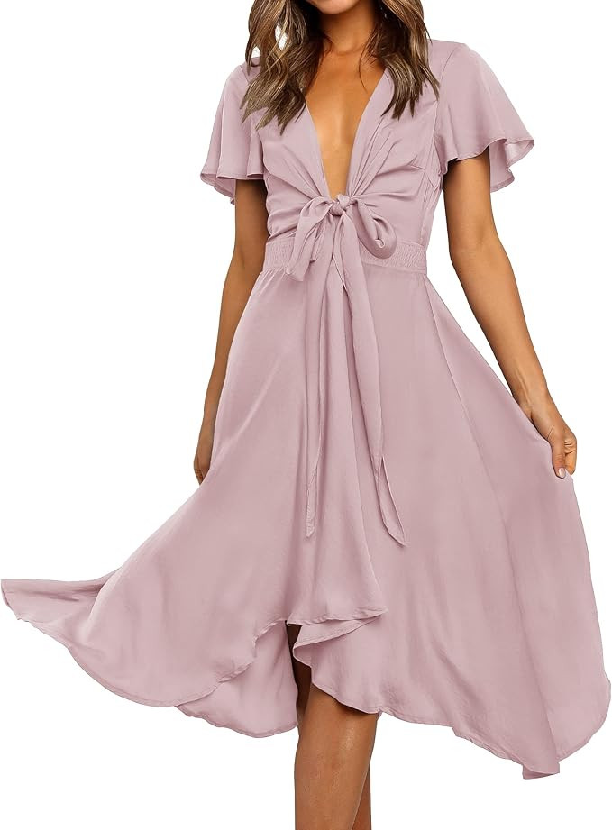 ZESICA Women's Summer Satin V Neck Short Sleeve Tie Front Smocked Waist Swing A Line Cocktail Par... | Amazon (US)