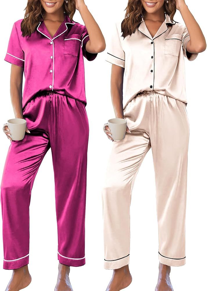 Ekouaer 2 Pack Womens Silk Satin Pajama Sets Button Down Sleepwear Short Sleeve Top and Pants Sof... | Amazon (US)