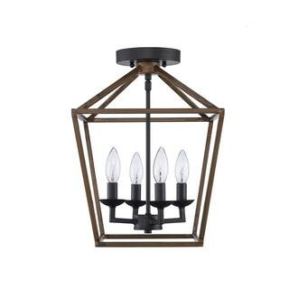 Home Decorators Collection Weyburn 16.5 in. 4-Light Black and Faux Wood Lantern Semi-Flush Mount,... | The Home Depot