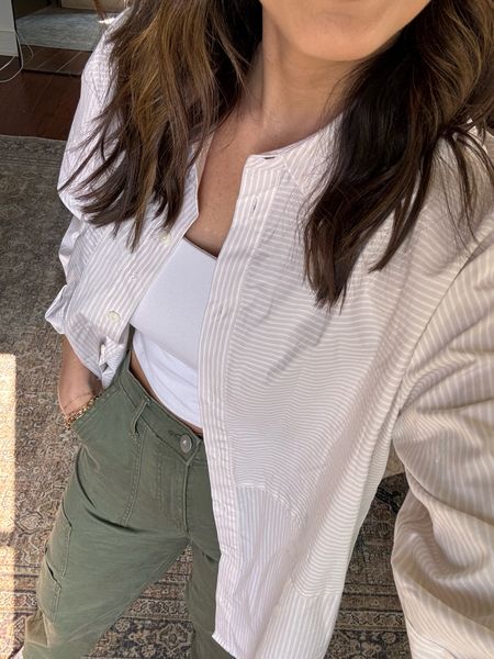 Spring outfit inspo! American Eagle green cargo pants, Time and Tru women’s button down from Walmart! 

#LTKfindsunder50 #LTKSeasonal #LTKstyletip