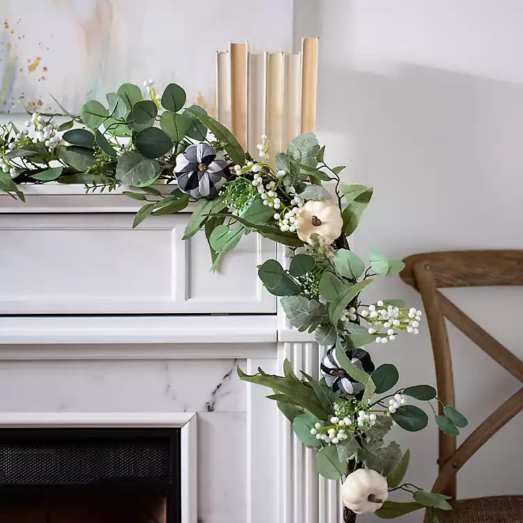 Cream and Buffalo Check Pumpkin Greenery Garland | Kirkland's Home