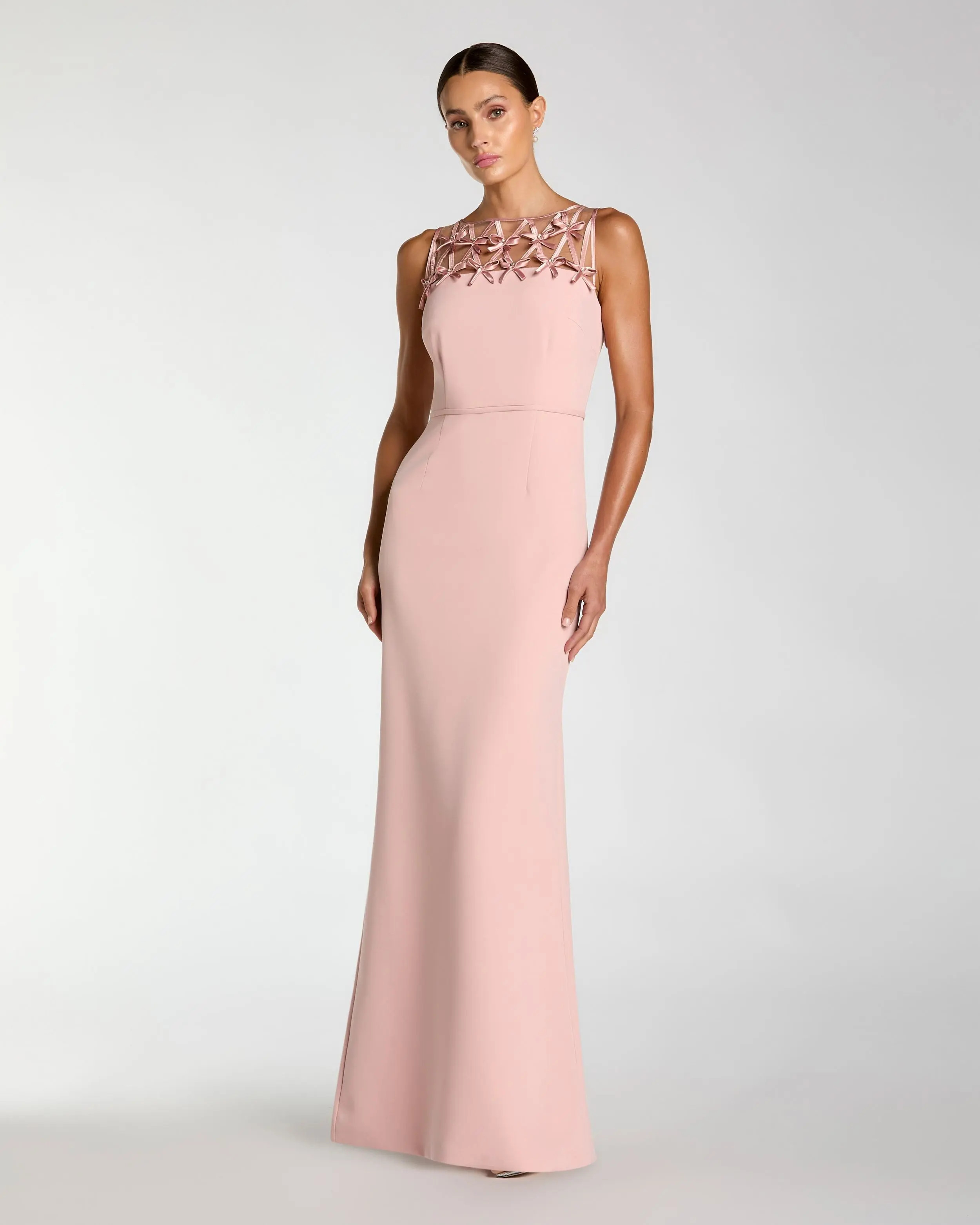 Pink Sleeveless Crepe Gown With Embellished Bows | Mac Duggal | Mac Duggal